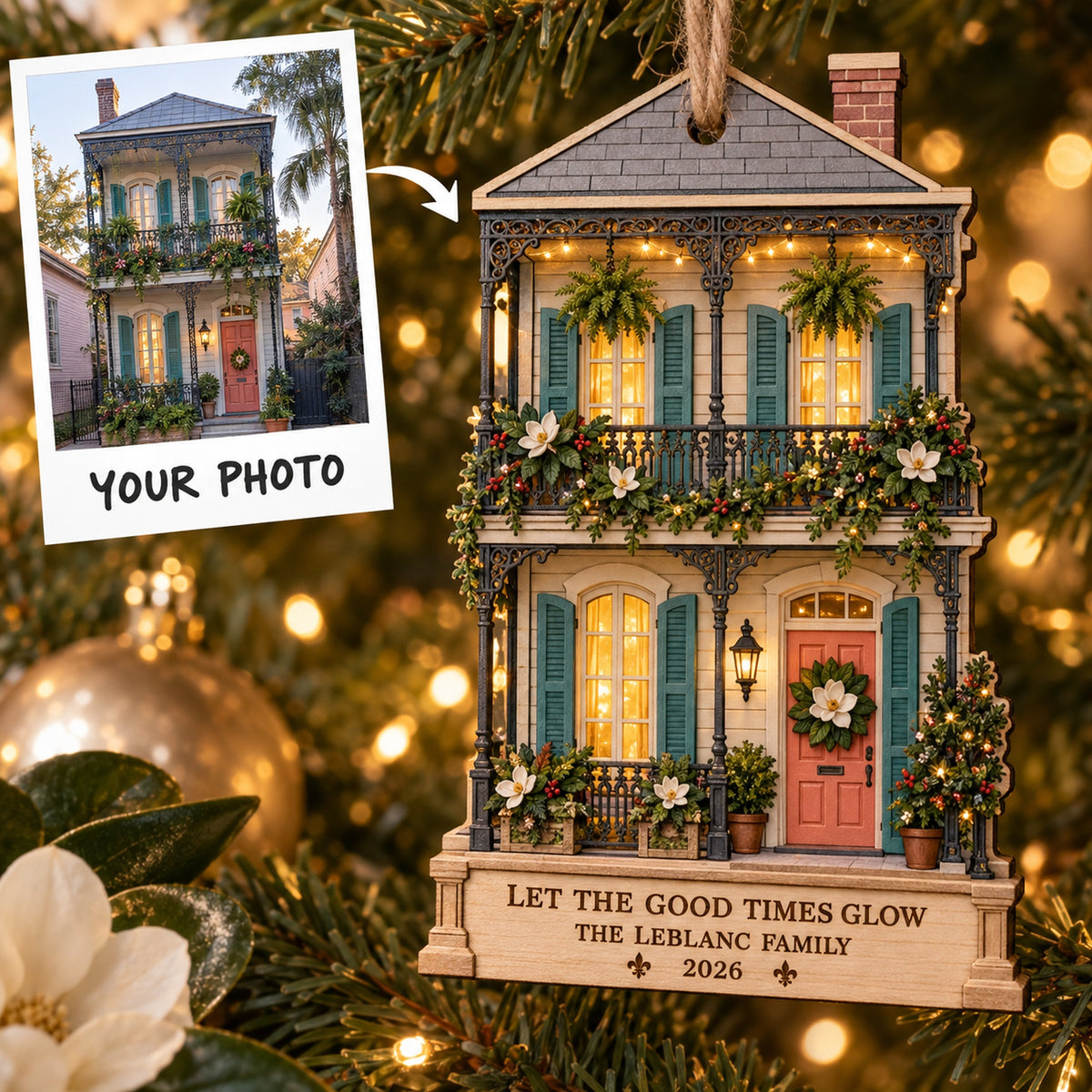 Personalized New Orleans Creole Cottage Wood Ornament - Custom Keepsake - image 1