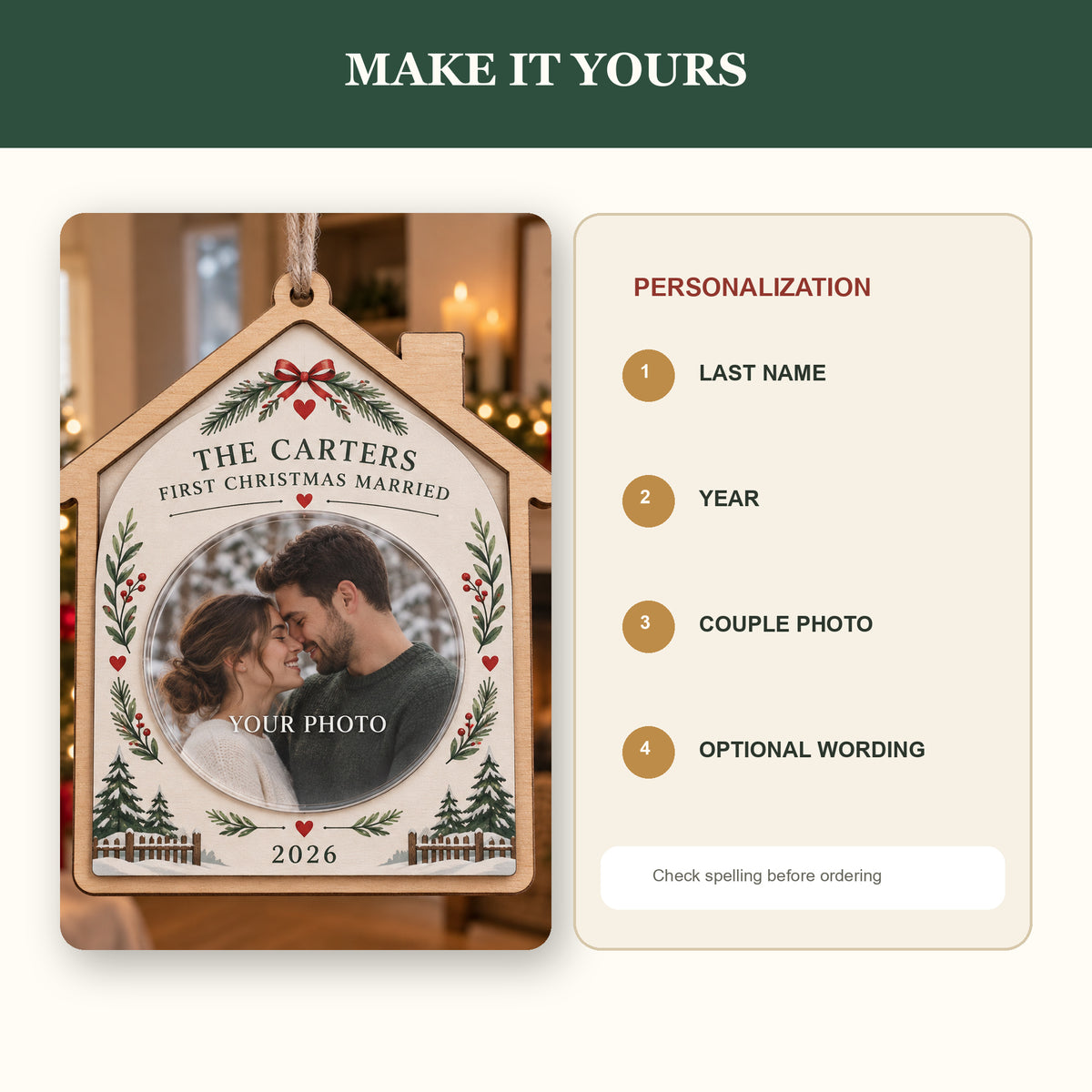 Personalized First Christmas Married Wood Ornament - Custom Keepsake - image 5