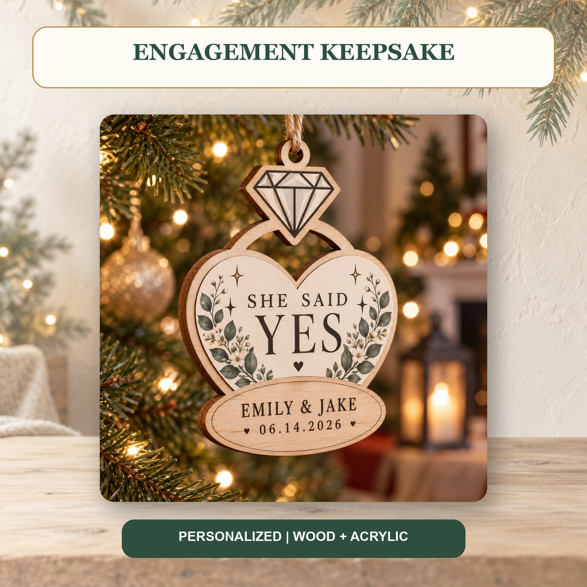 Personalized Engagement Ring Wood Ornament - Custom Keepsake - image 2