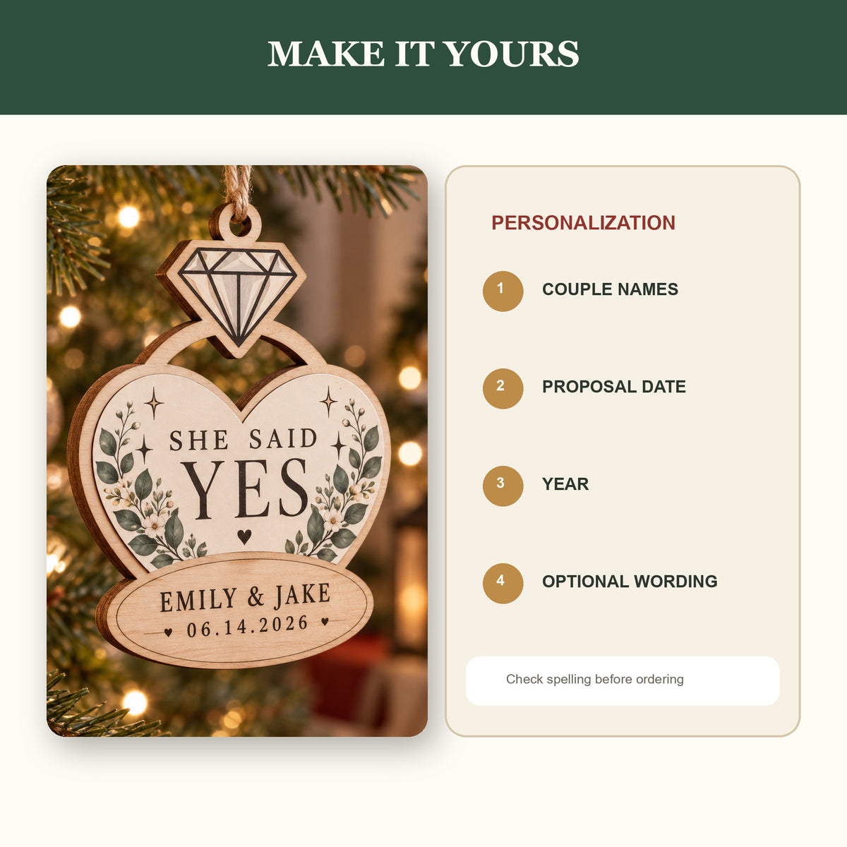 Personalized Engagement Ring Wood Ornament - Custom Keepsake - image 5