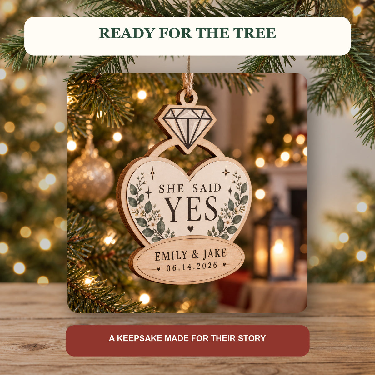 Personalized Engagement Ring Wood Ornament - Custom Keepsake - image 6