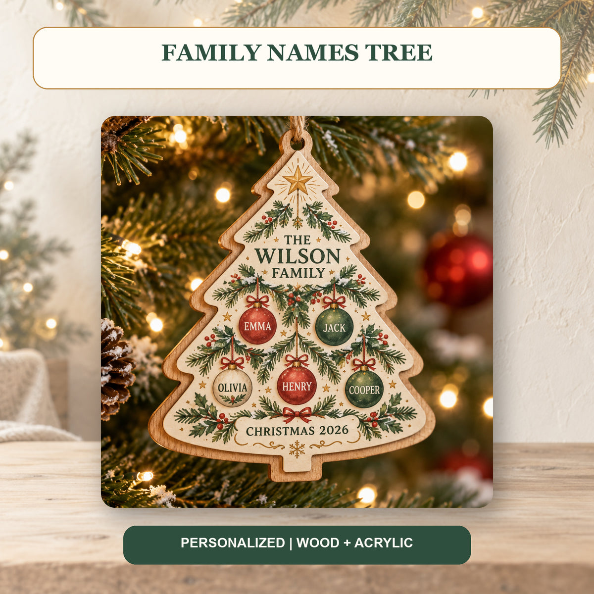Personalized Family Names Tree Wood Ornament - Custom Keepsake - image 2