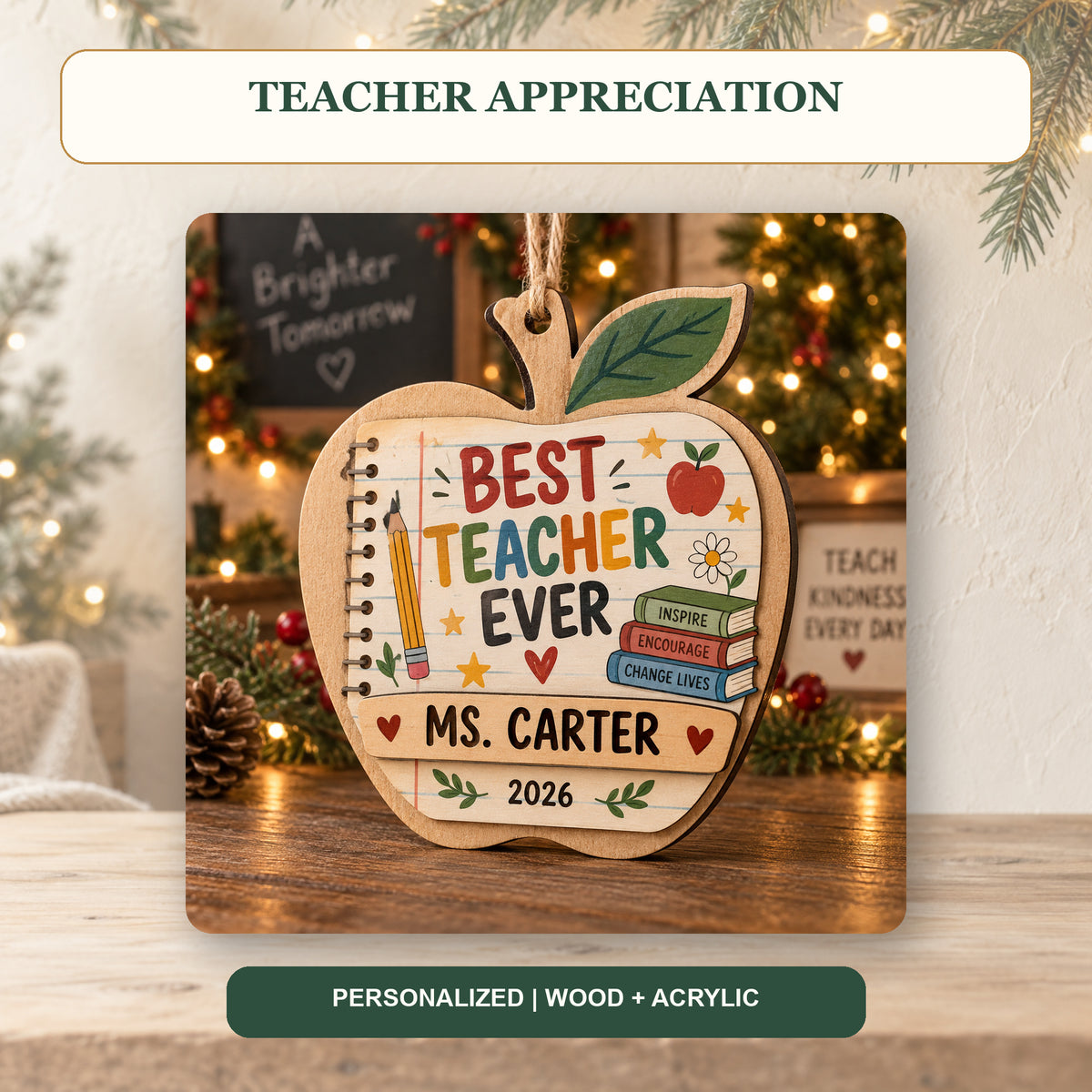 Personalized Teacher Wood Ornament - Custom Keepsake - image 2