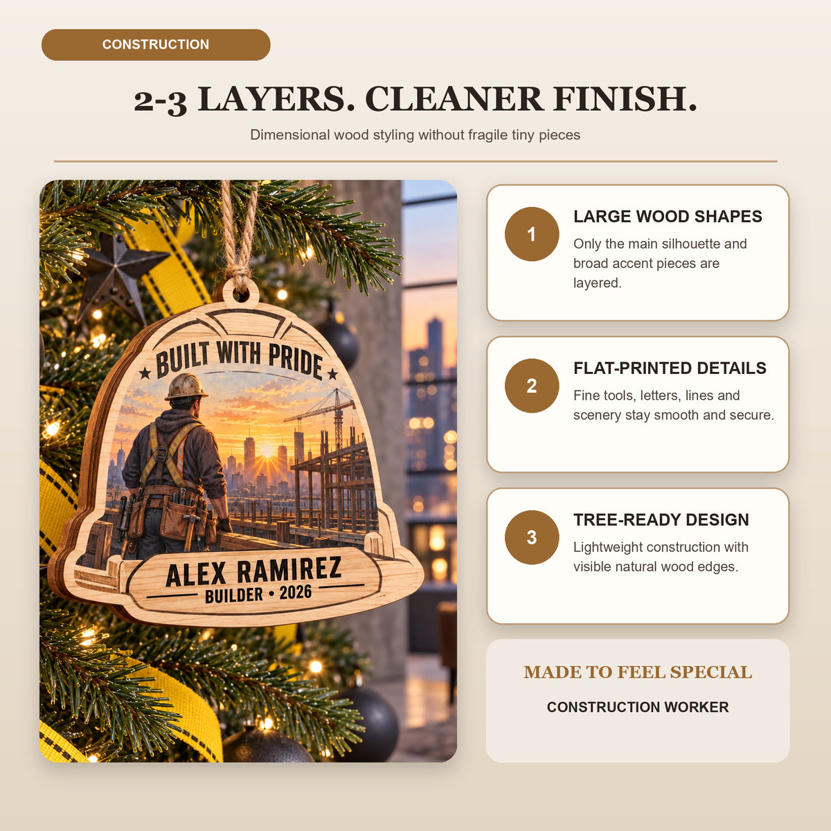 Personalized Construction Worker Wood Ornament - Custom Keepsake - image 4