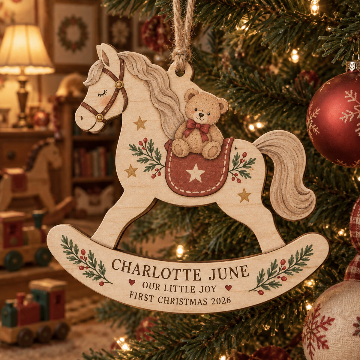Personalized Rocking Horse Teddy Wood Ornament - Custom Keepsake - image 1