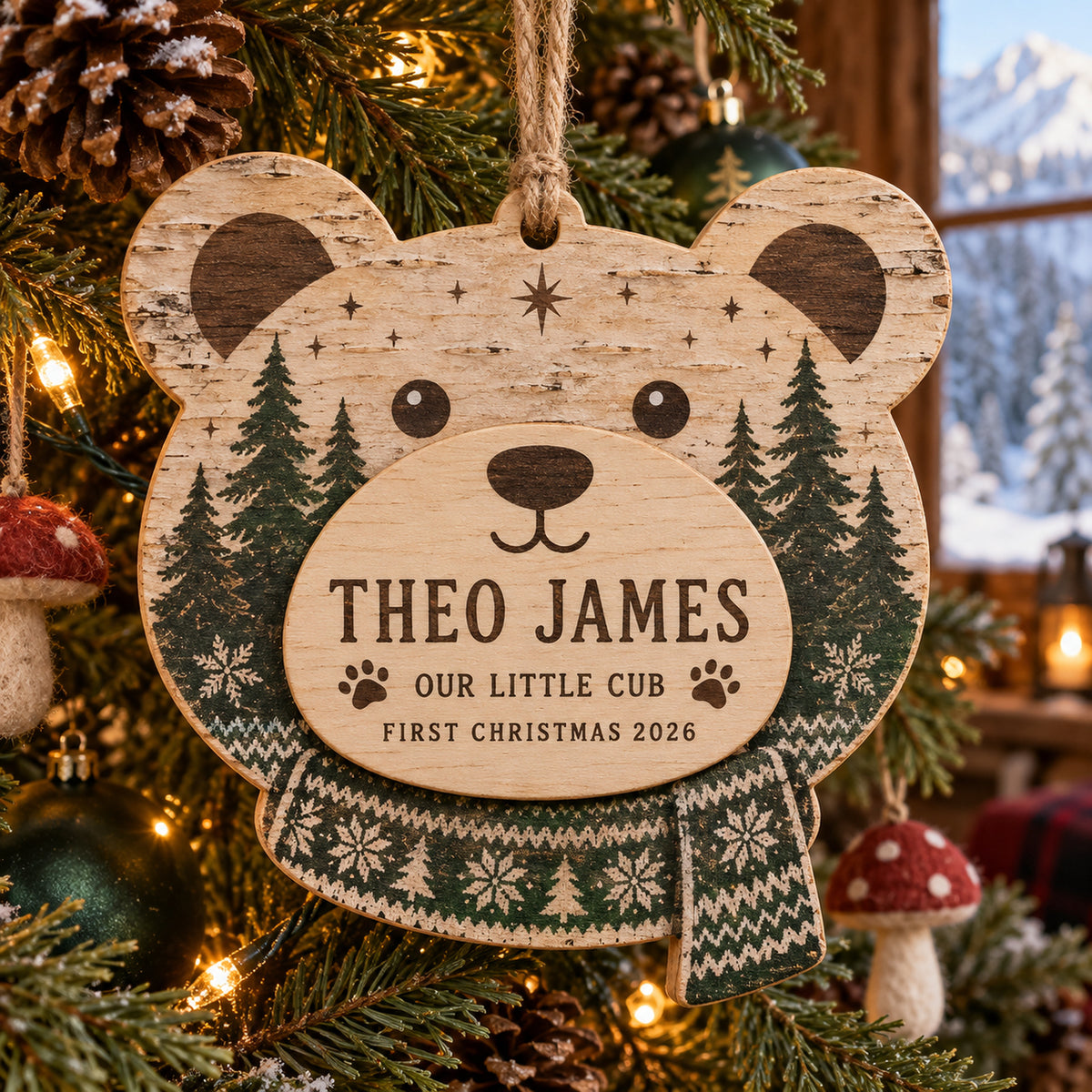 Personalized Woodland Bear Baby Wood Ornament - Custom Keepsake - image 1