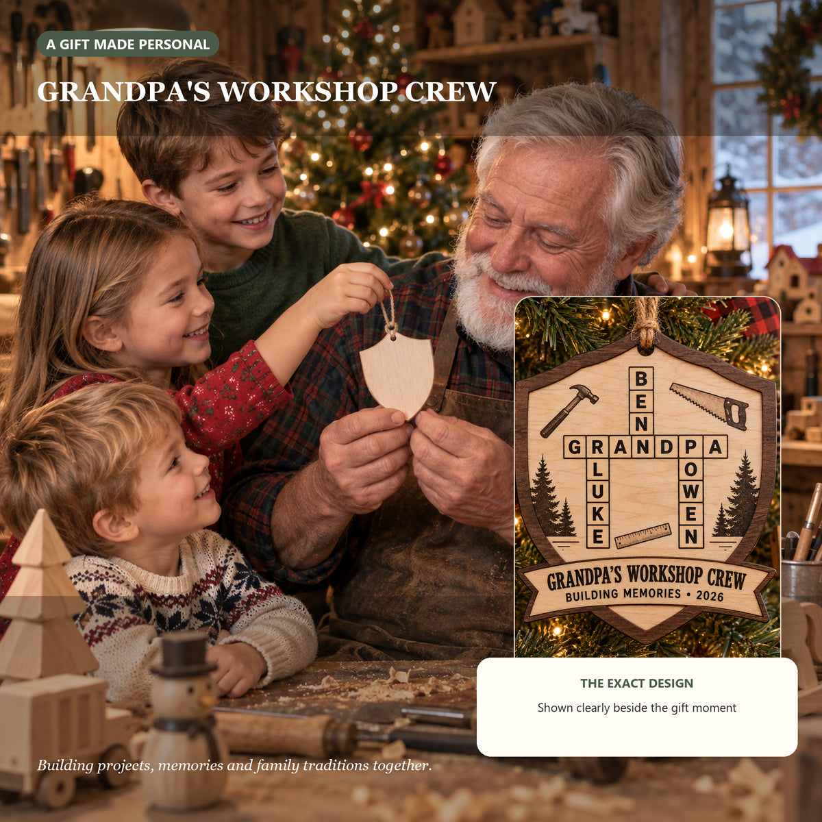 Personalized Grandpas Workshop Crew Wood Ornament - Custom Keepsake - image 3