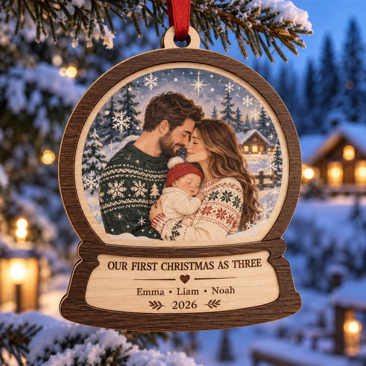 Personalized First Christmas Family Of Three Wood Ornament - Custom Keepsake - image 1
