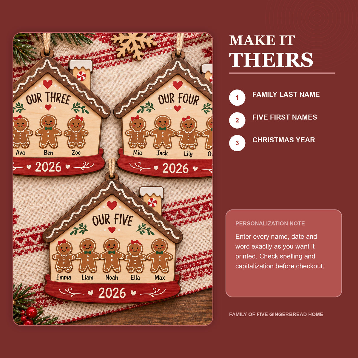 Personalized Family Of Five Gingerbread Home Wood Ornament - Custom Keepsake - image 5