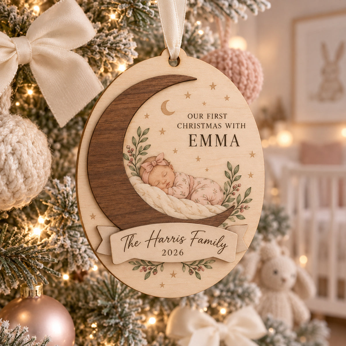 Personalized New Baby Family Christmas Wood Ornament - Custom Keepsake - image 1