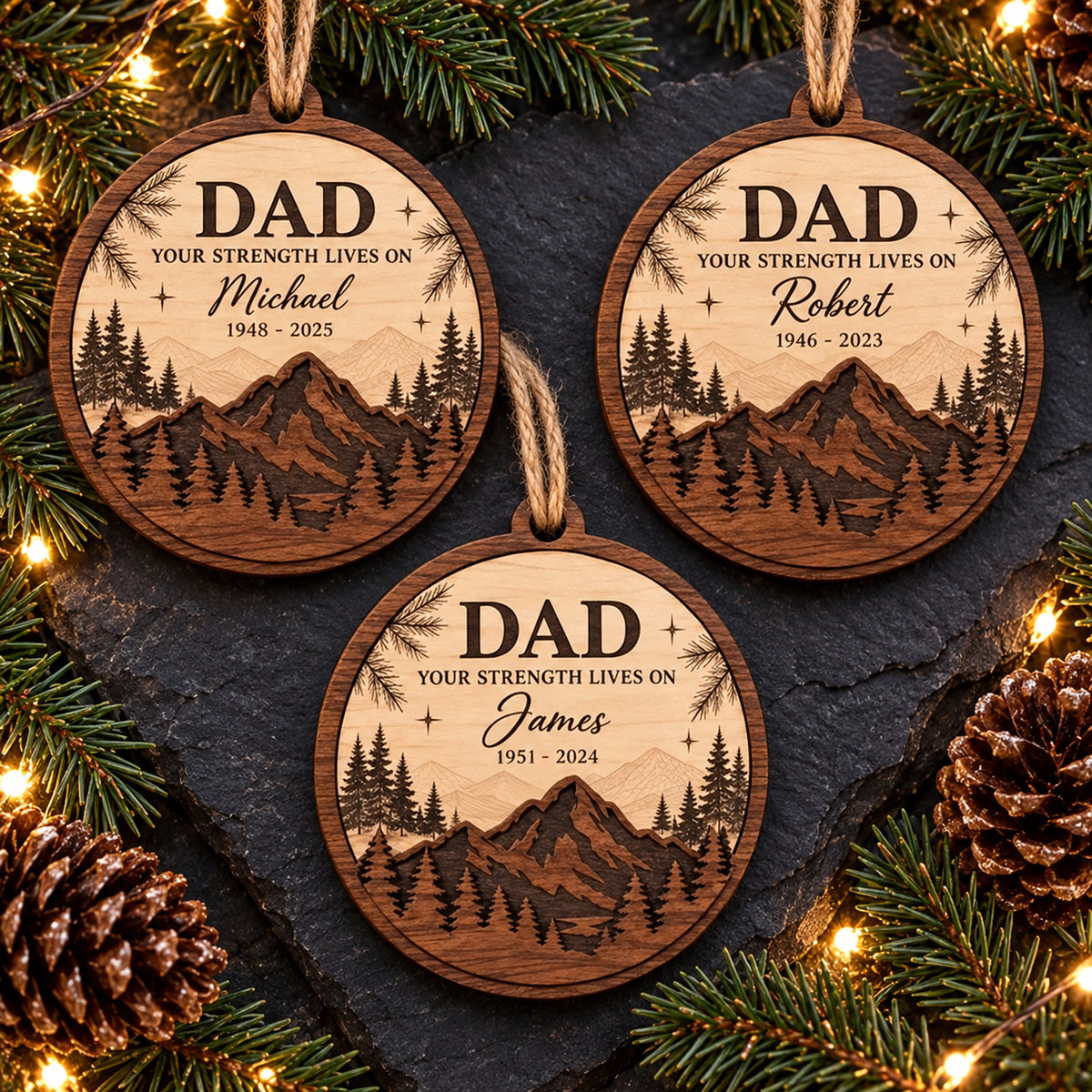 Personalized Loss Of Dad Mountain Forest Wood Ornament - Custom Keepsake - image 2