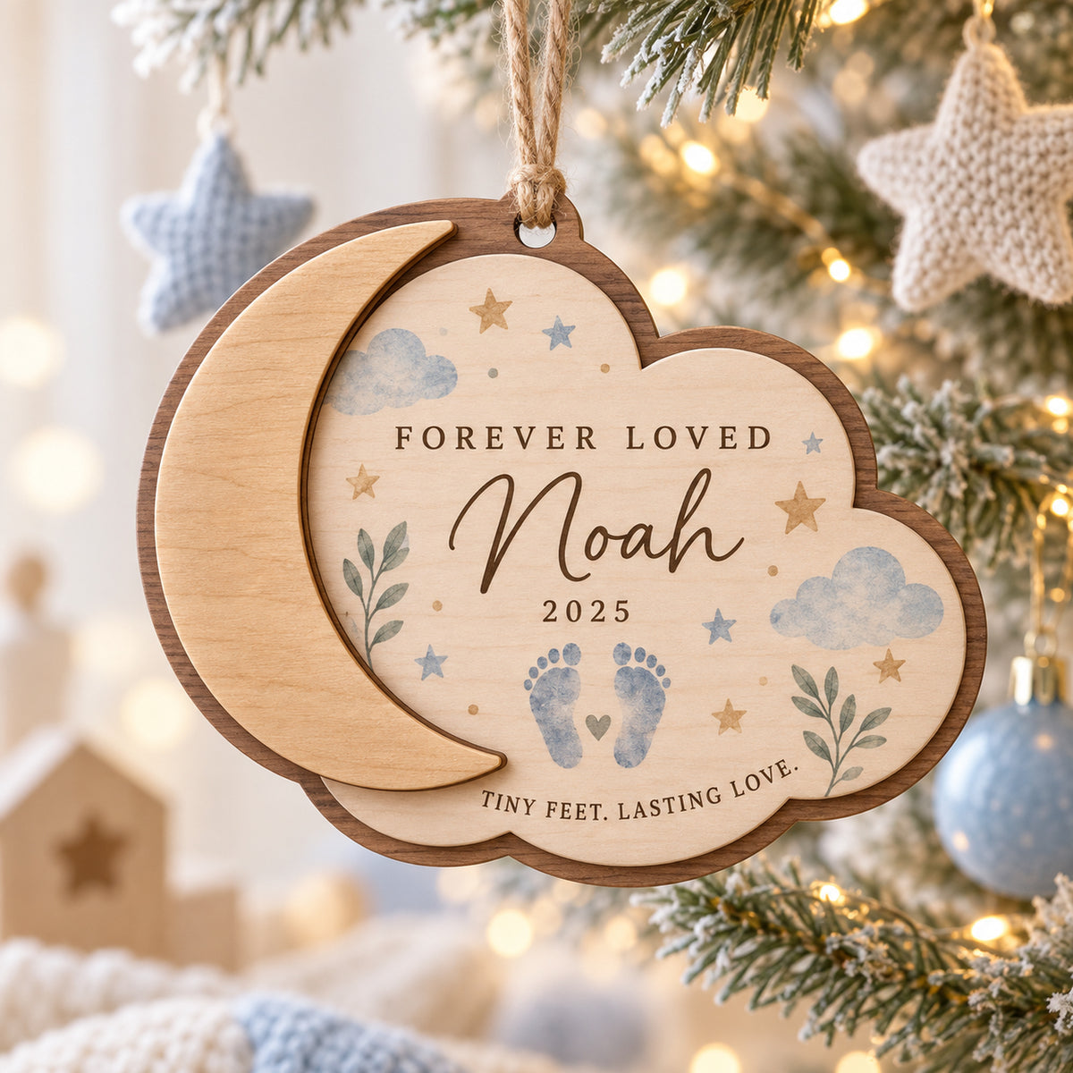 Personalized Baby Memorial Moon Footprints Wood Ornament - Custom Keepsake - image 1