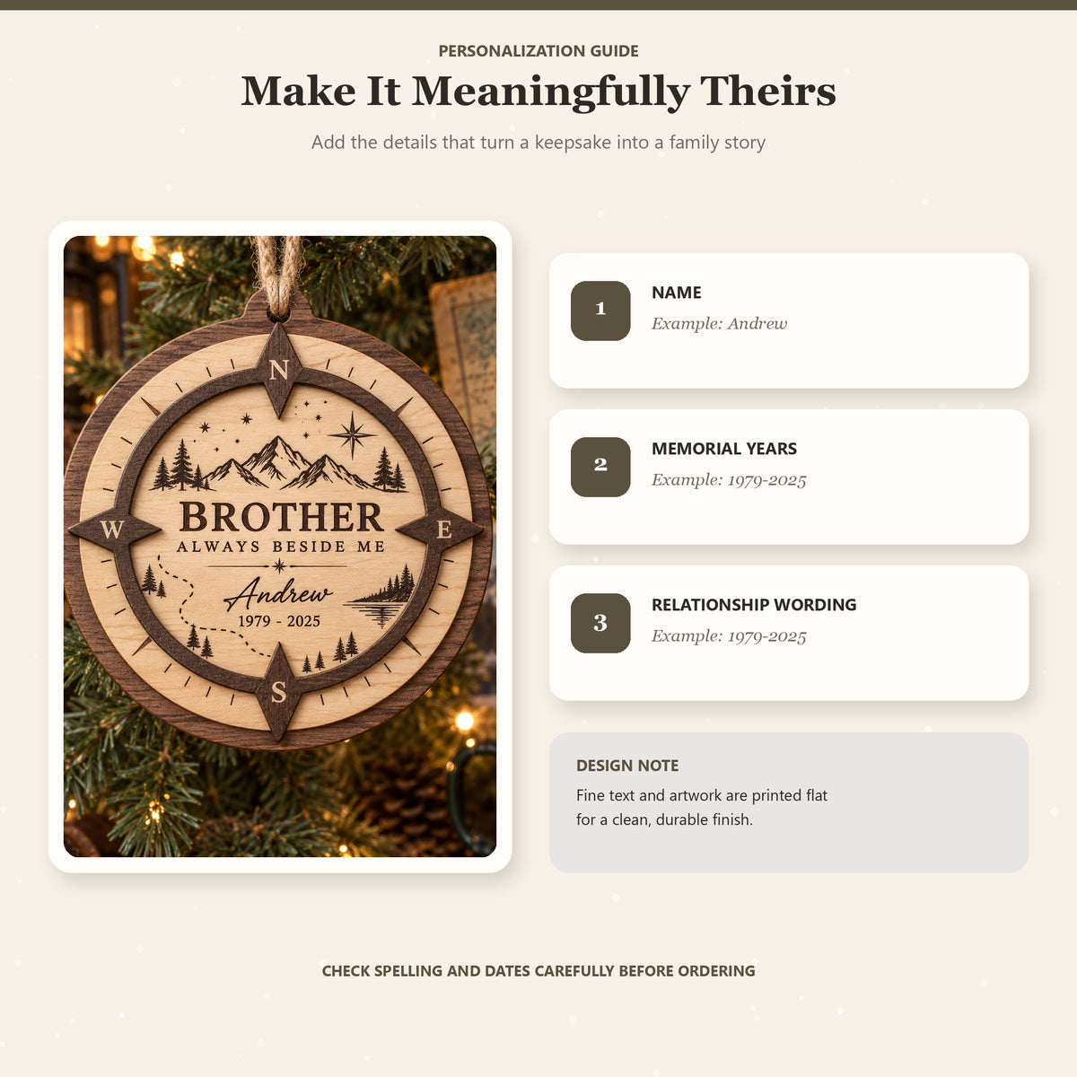 Personalized Brother Compass Memorial Wood Ornament - Custom Keepsake - image 5