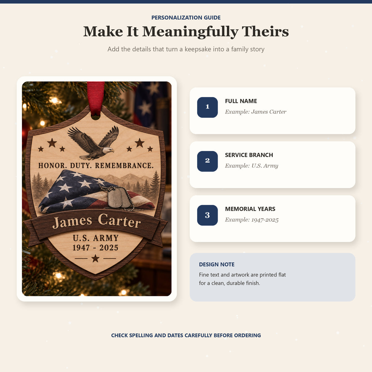 Personalized Veteran Folded Flag Memorial Wood Ornament - Custom Keepsake - image 5