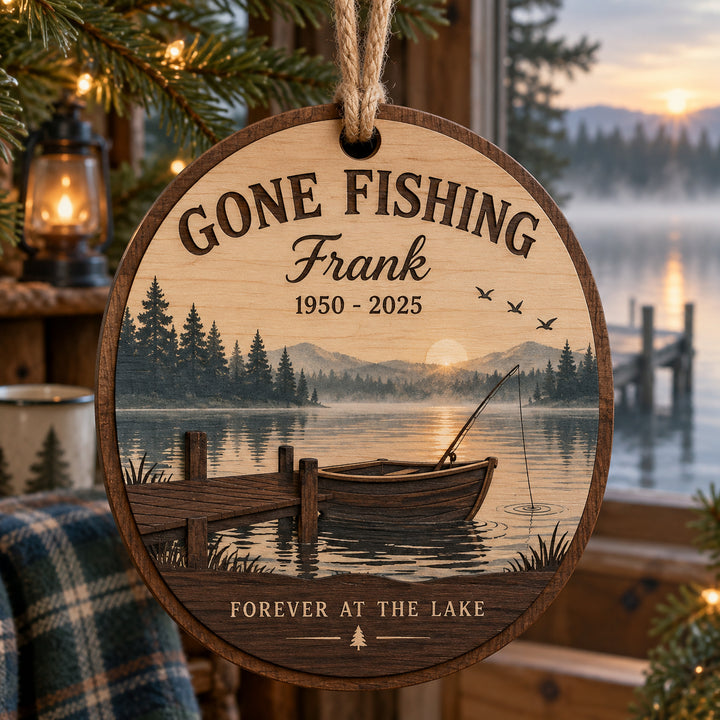 Personalized Fisherman Lake Dock Memorial Wood Ornament - Custom Keepsake - image 1
