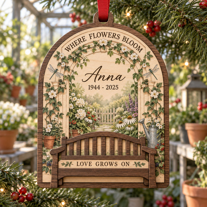 Personalized Gardener Dragonfly Bench Memorial Wood Ornament - Custom Keepsake - image 1