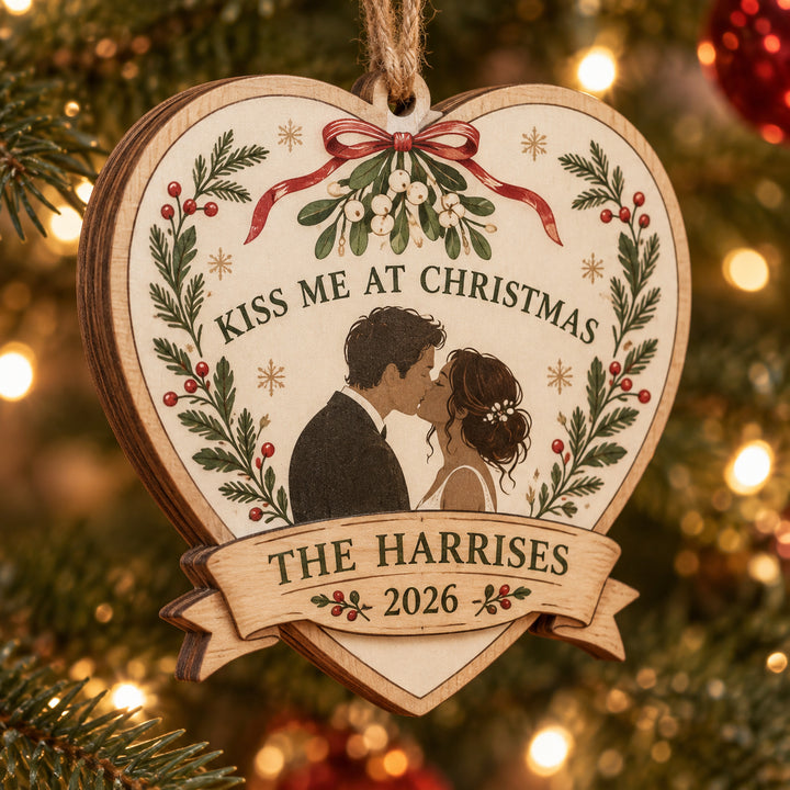 Personalized Mistletoe Kiss Wood Ornament - Custom Keepsake - image 1