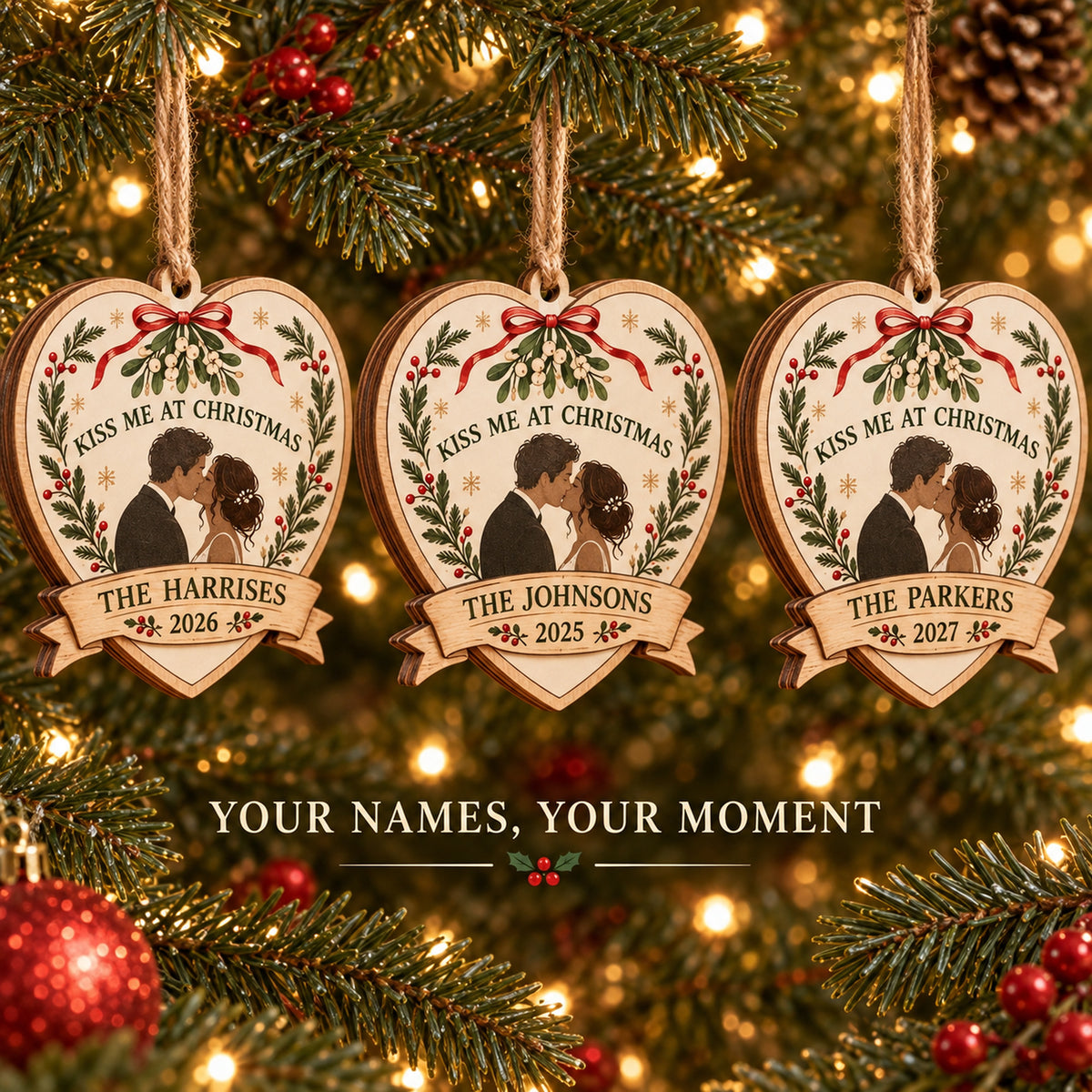 Personalized Mistletoe Kiss Wood Ornament - Custom Keepsake - image 2