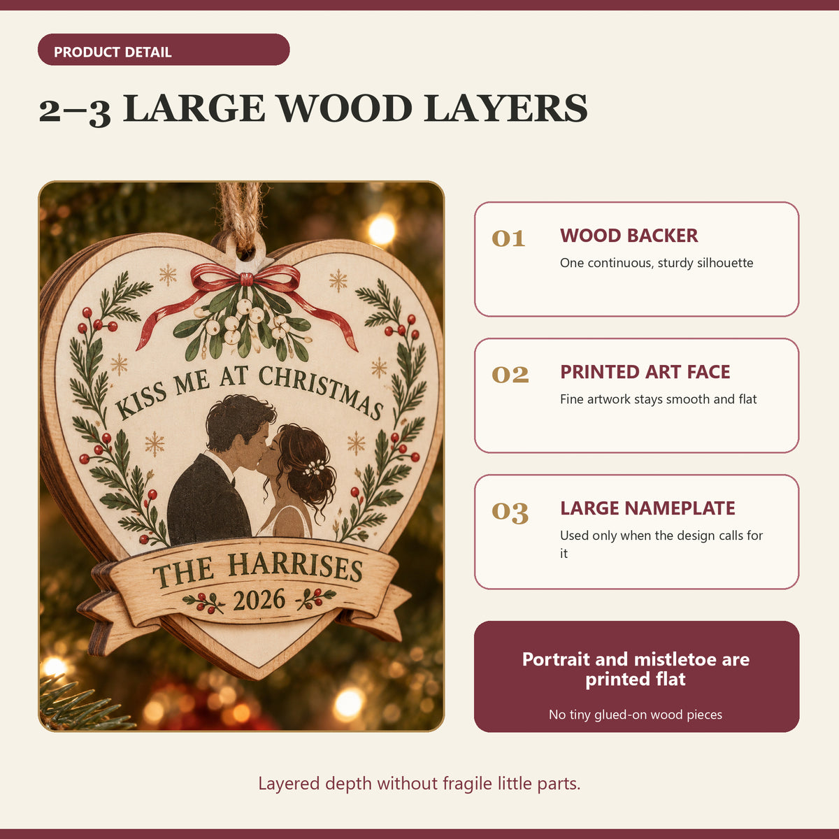 Personalized Mistletoe Kiss Wood Ornament - Custom Keepsake - image 4