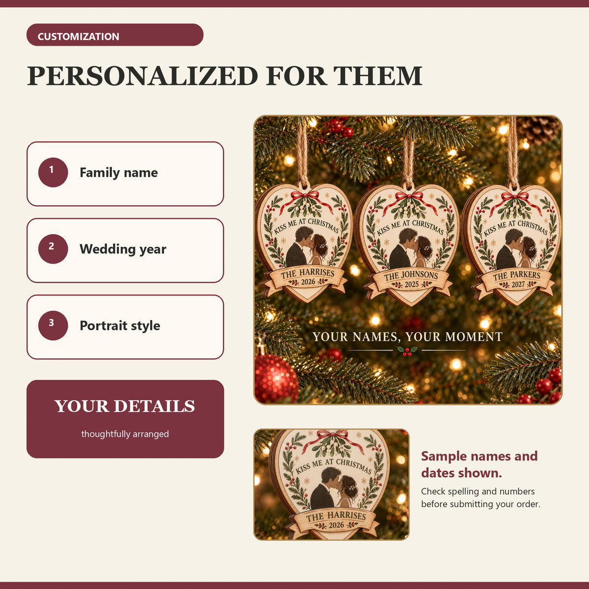 Personalized Mistletoe Kiss Wood Ornament - Custom Keepsake - image 5