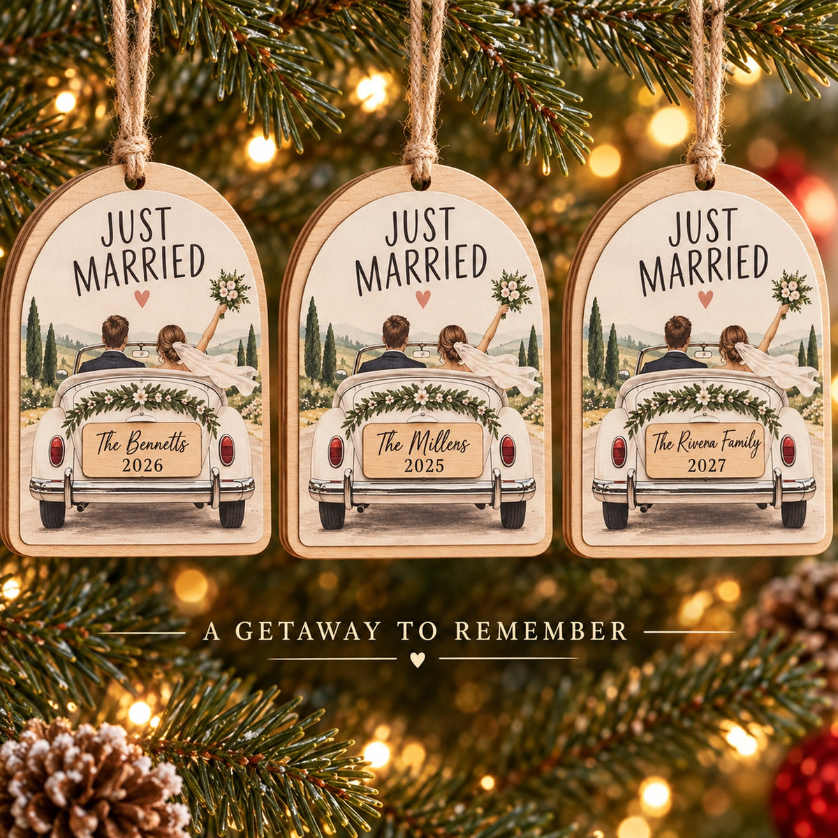 Personalized Just Married Car Wood Ornament - Custom Keepsake - image 2