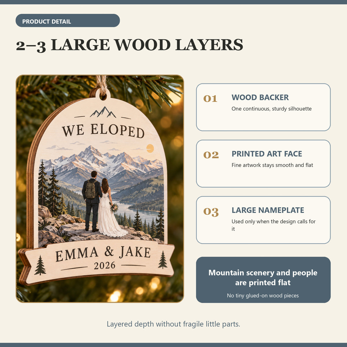 Personalized Mountain Elopement Wood Ornament - Custom Keepsake - image 4