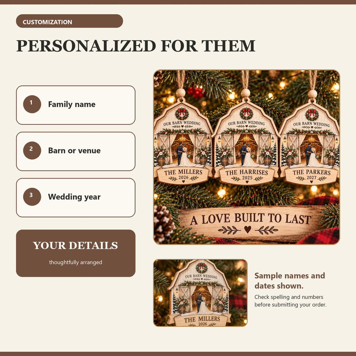 Personalized Rustic Barn Wedding Wood Ornament - Custom Keepsake - image 5