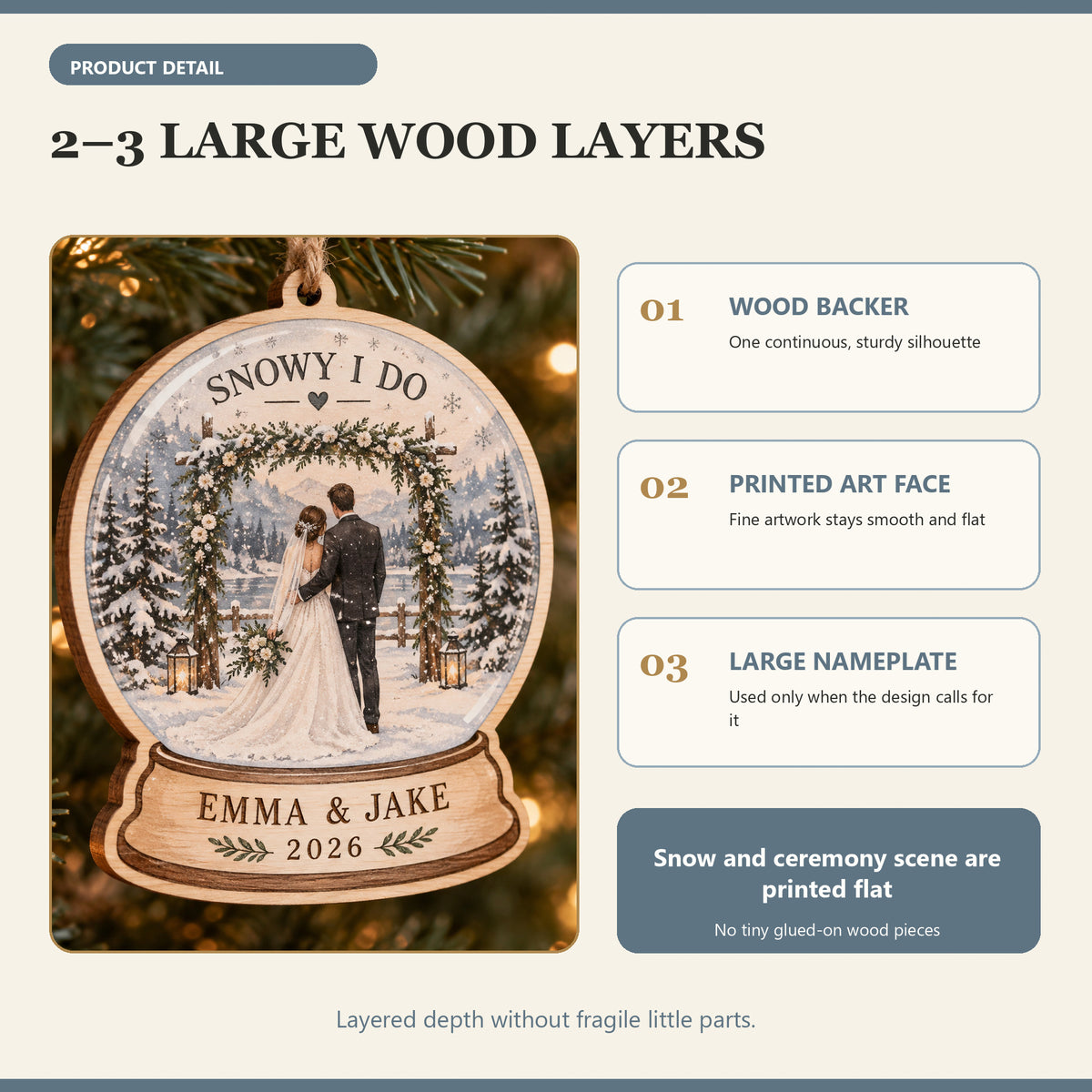 Personalized Snowy Winter Wedding Wood Ornament - Custom Keepsake - image 4