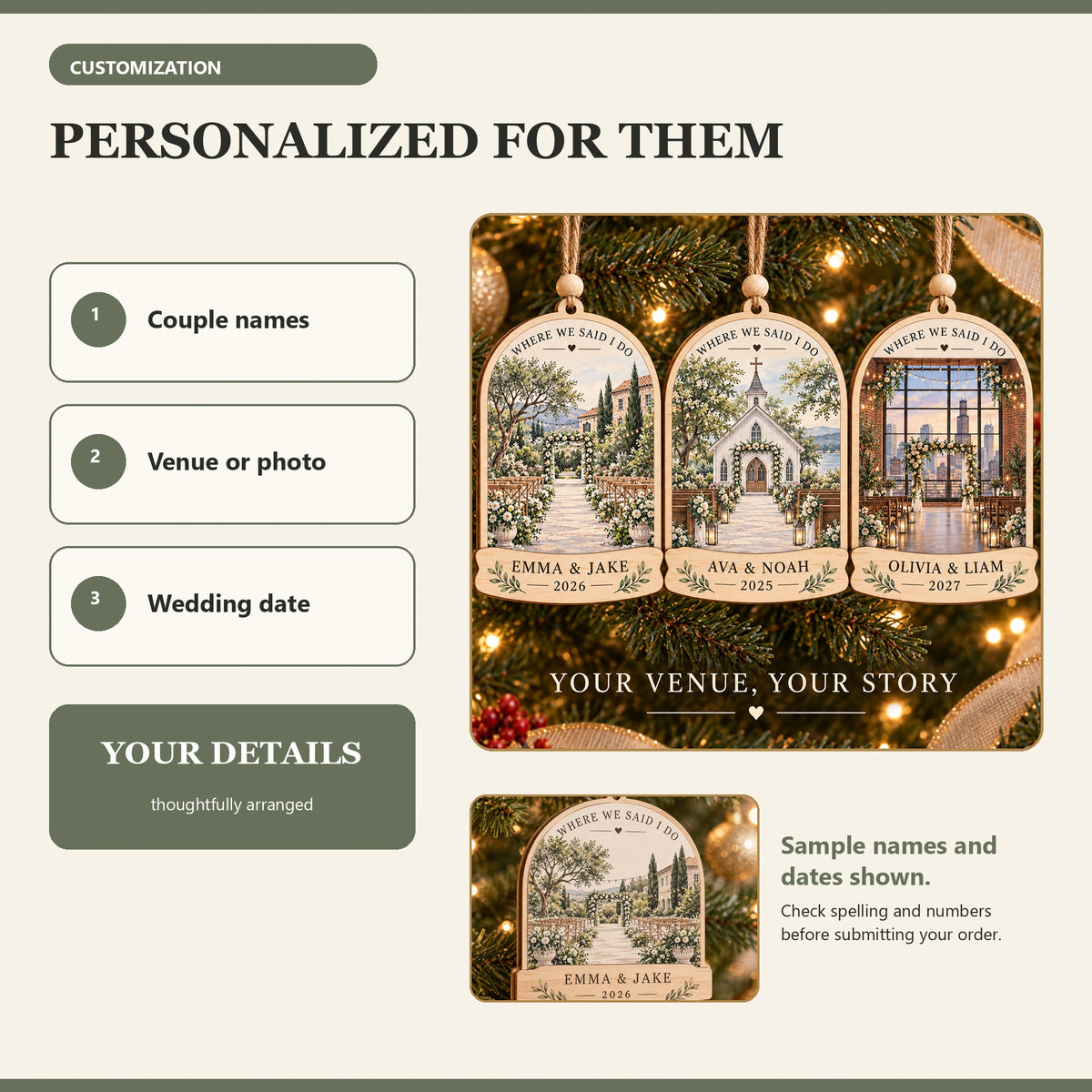 Personalized Wedding Venue Portrait Wood Ornament - Custom Keepsake - image 5