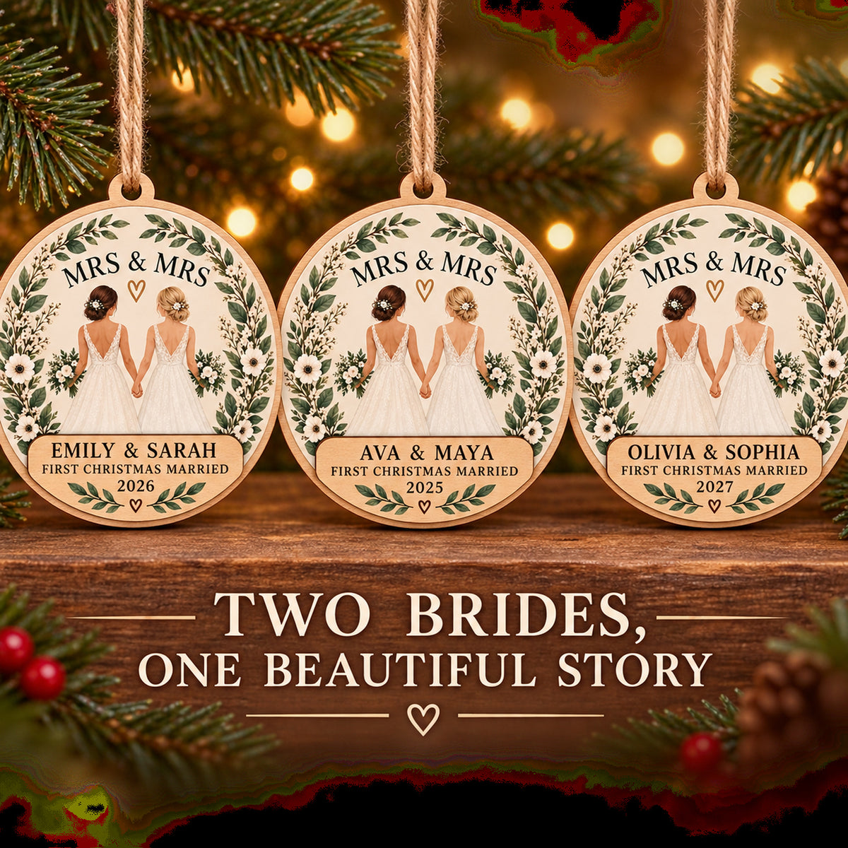 Personalized Mrs And Mrs Wood Ornament - Custom Keepsake - image 2