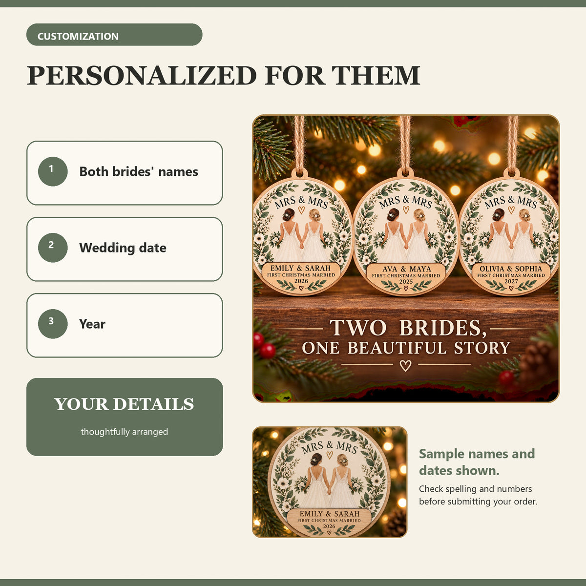 Personalized Mrs And Mrs Wood Ornament - Custom Keepsake - image 5