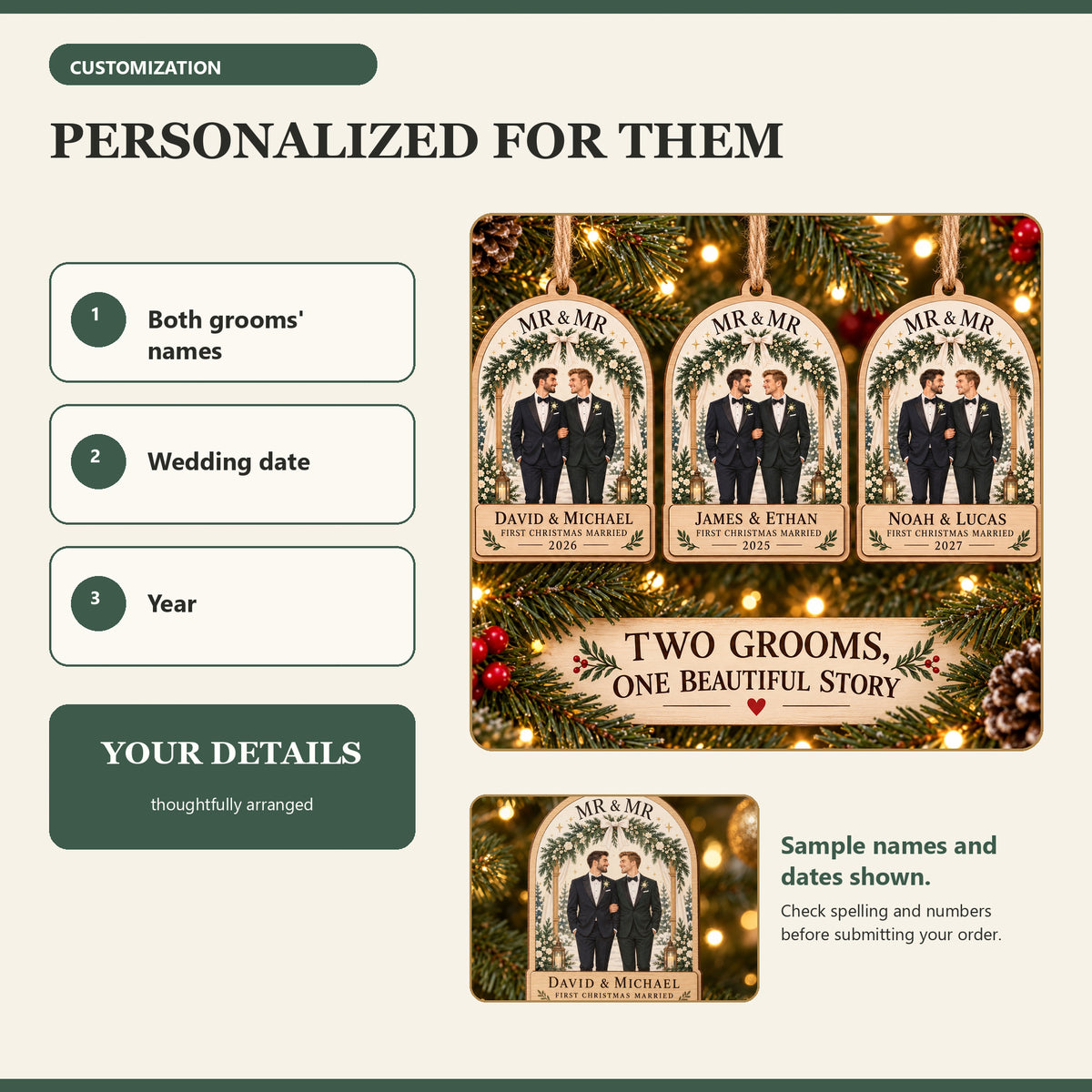 Personalized Mr And Mr Wood Ornament - Custom Keepsake - image 5