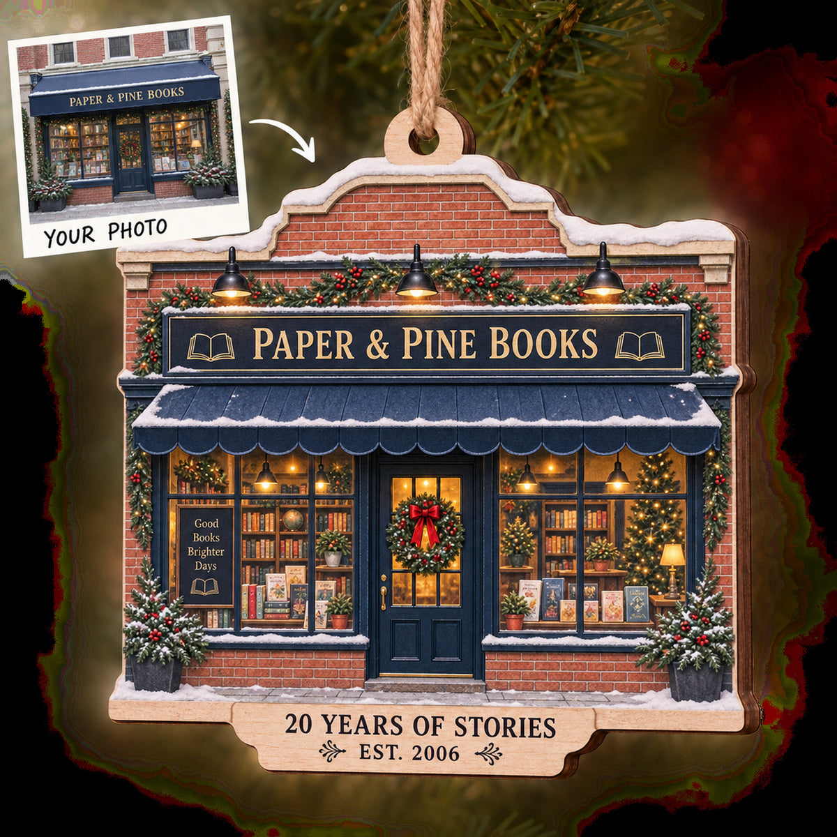 Personalized Bookstore Anniversary Wood Ornament - Custom Keepsake - image 1