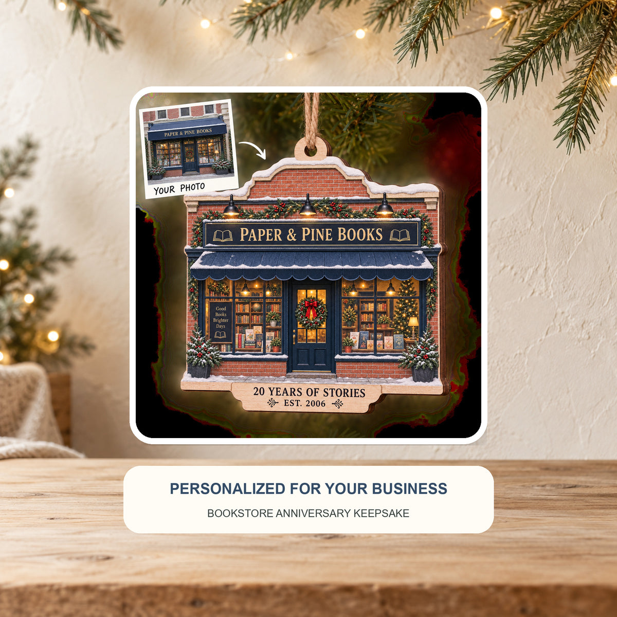 Personalized Bookstore Anniversary Wood Ornament - Custom Keepsake - image 2