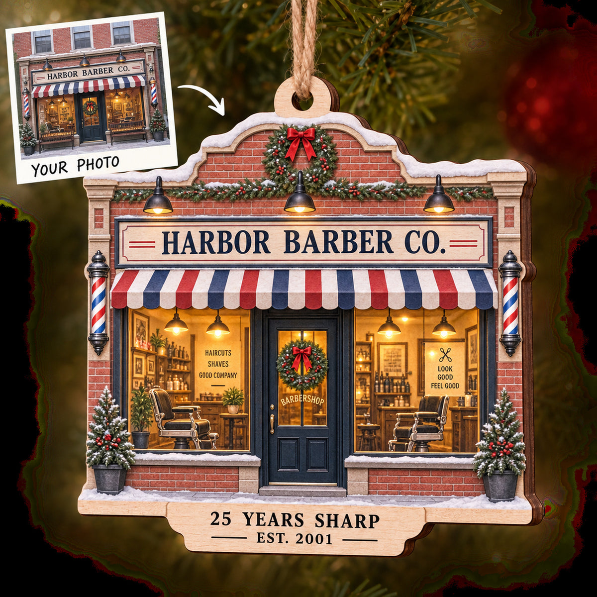 Personalized Barber Shop Anniversary Wood Ornament - Custom Keepsake - image 1