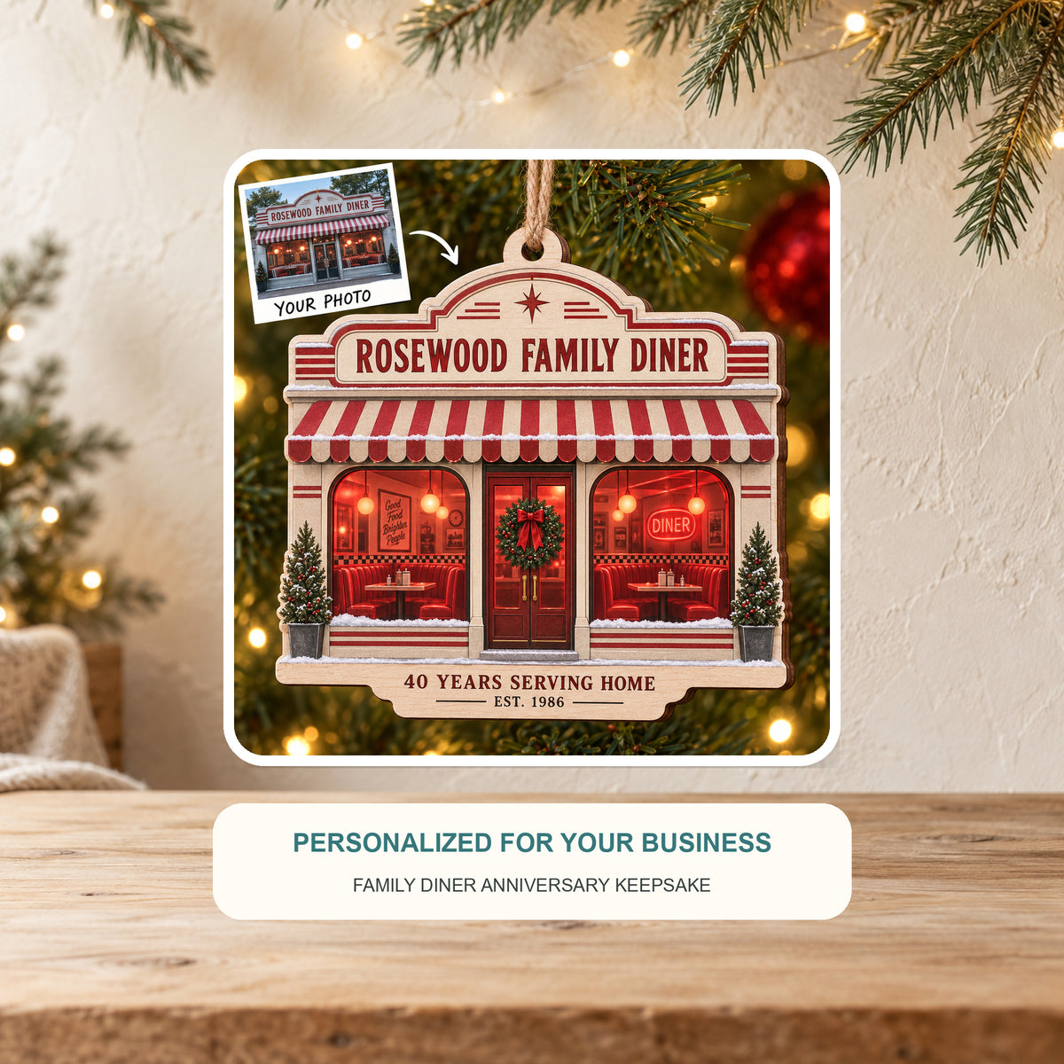 Personalized Family Diner Anniversary Wood Ornament - Custom Keepsake - image 2