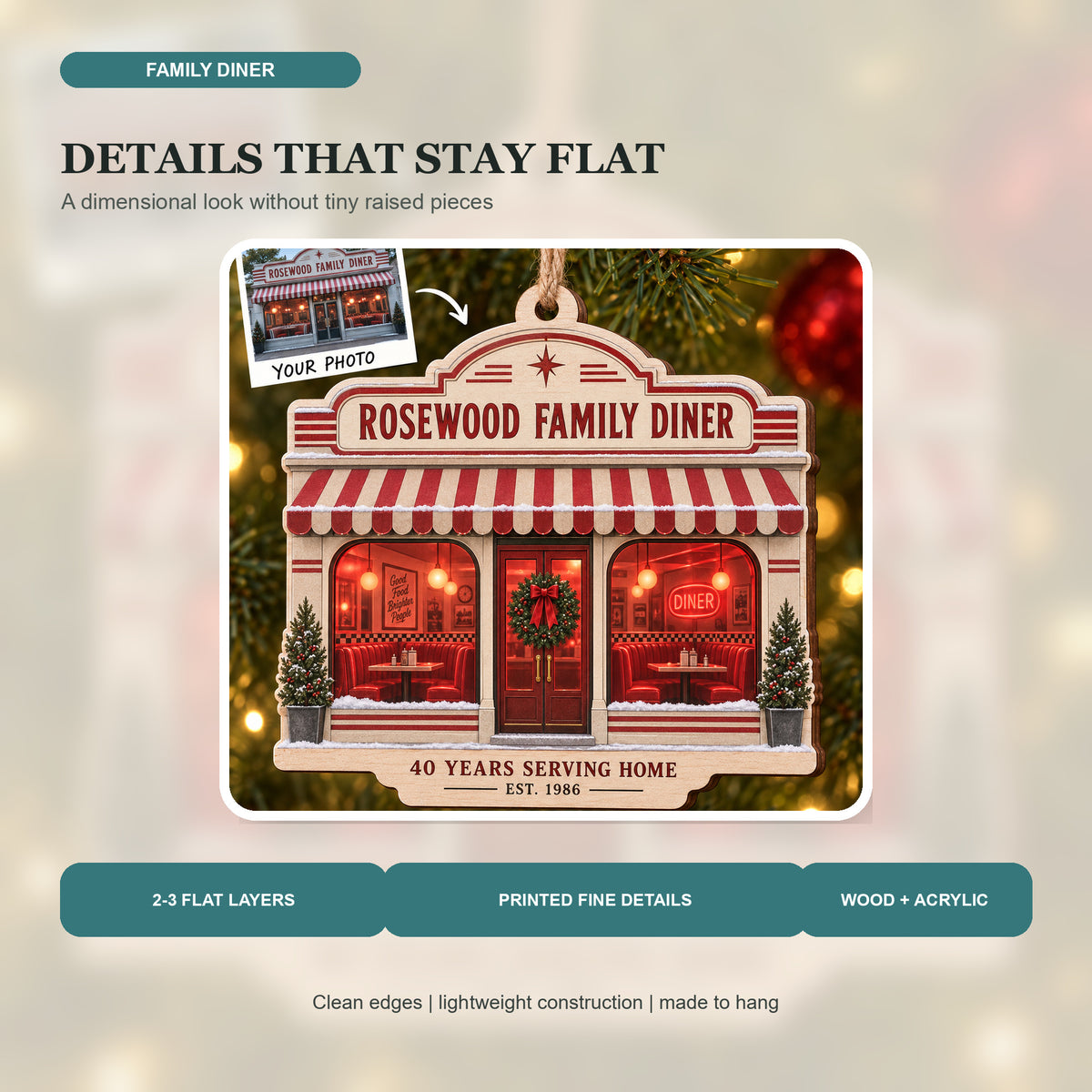 Personalized Family Diner Anniversary Wood Ornament - Custom Keepsake - image 3