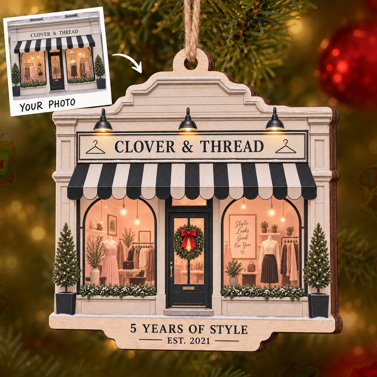 Personalized Boutique Anniversary Wood Ornament - Custom Keepsake - image 1