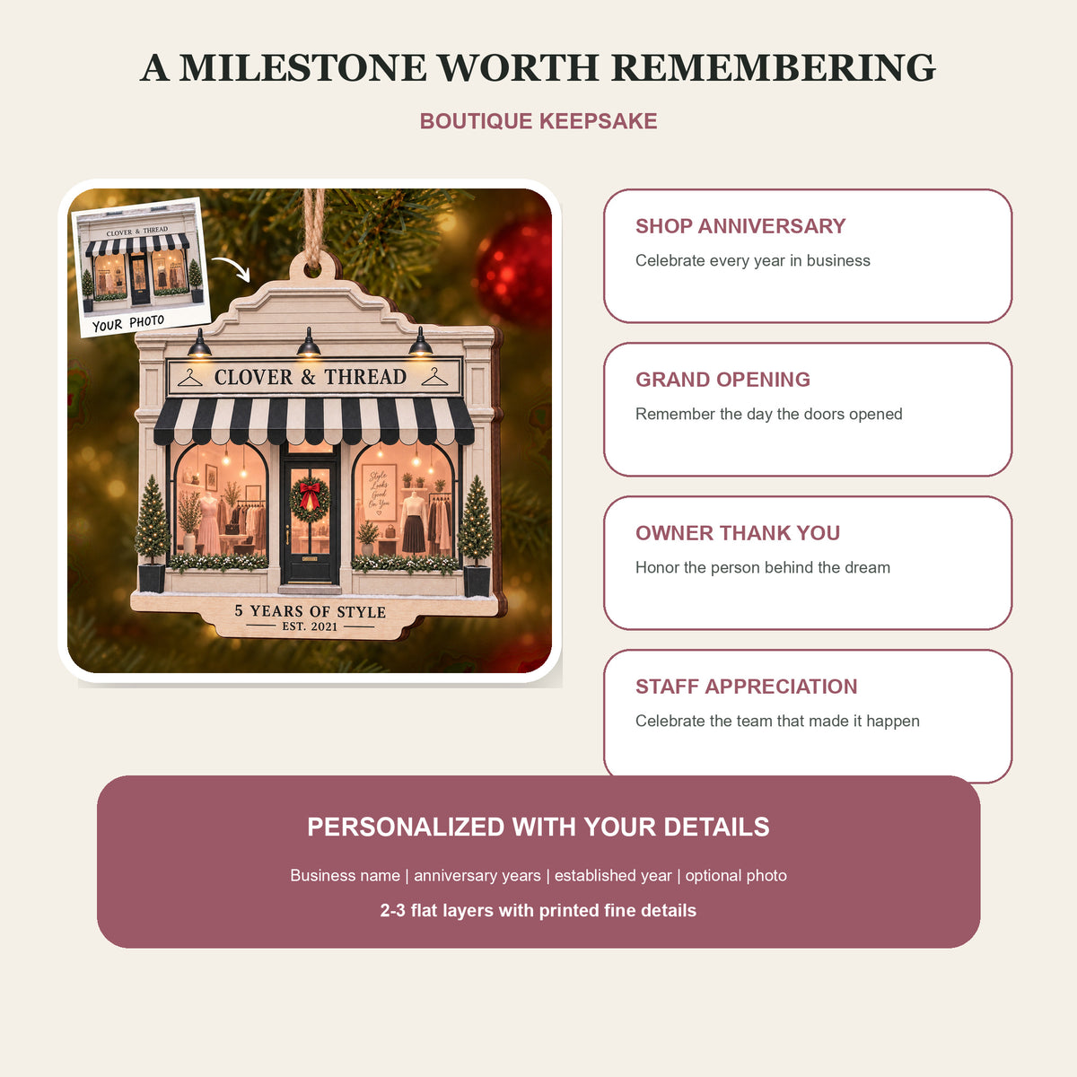 Personalized Boutique Anniversary Wood Ornament - Custom Keepsake - image 8