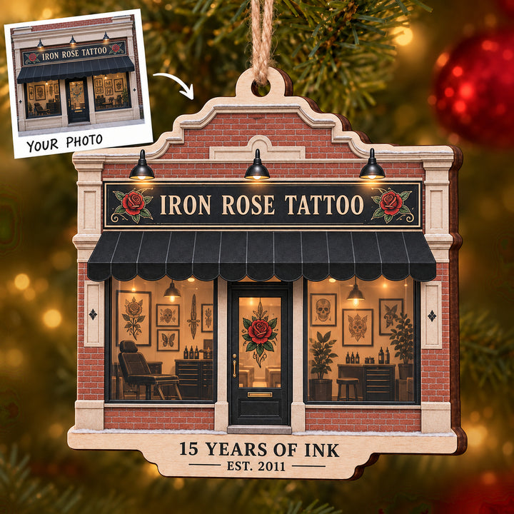 Personalized Tattoo Shop Anniversary Wood Ornament - Custom Keepsake - image 1