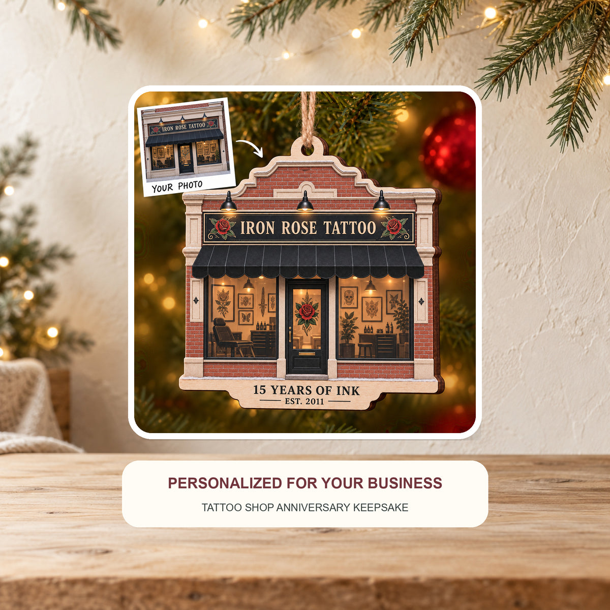 Personalized Tattoo Shop Anniversary Wood Ornament - Custom Keepsake - image 2