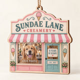 Personalized Ice Cream Shop Anniversary Photo Window Wood Ornament - Custom Keepsake - image 1