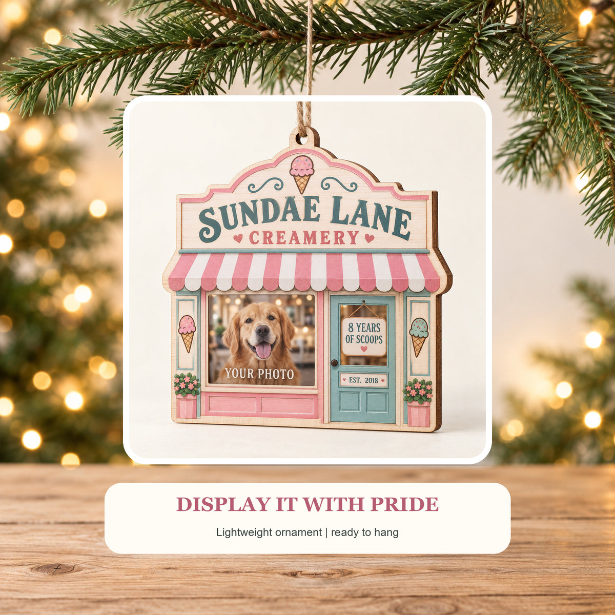 Personalized Ice Cream Shop Anniversary Photo Window Wood Ornament - Custom Keepsake - image 6
