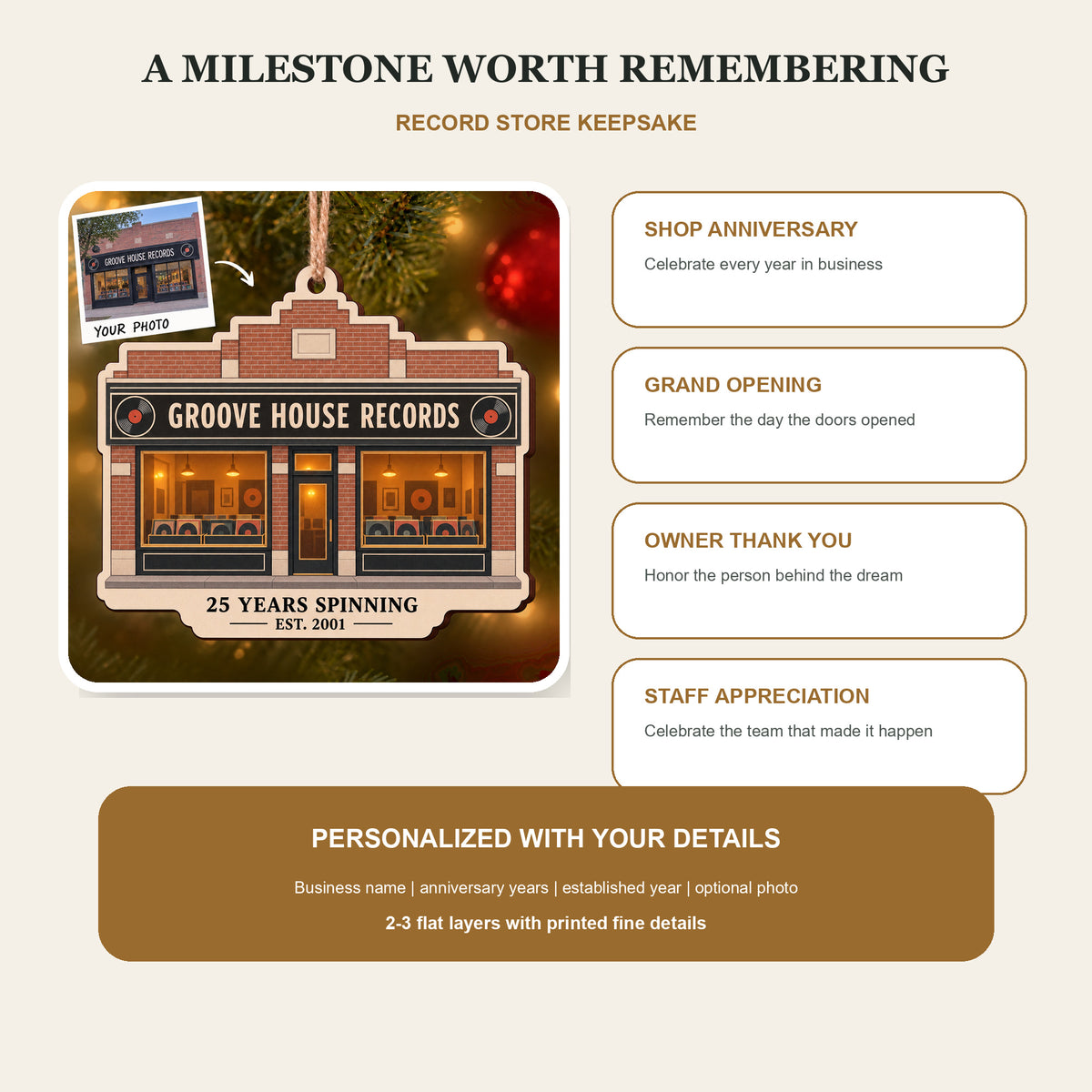 Personalized Record Store Anniversary Wood Ornament - Custom Keepsake - image 8