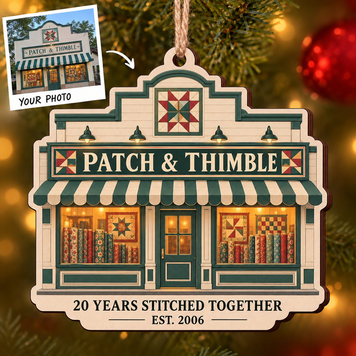 Personalized Quilt Shop Anniversary Wood Ornament - Custom Keepsake - image 1