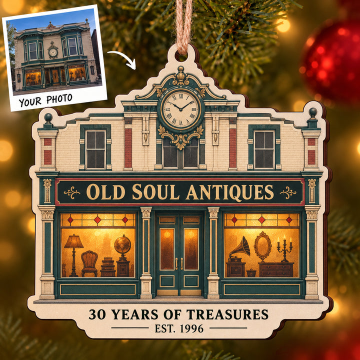 Personalized Antique Shop Anniversary Wood Ornament - Custom Keepsake - image 1