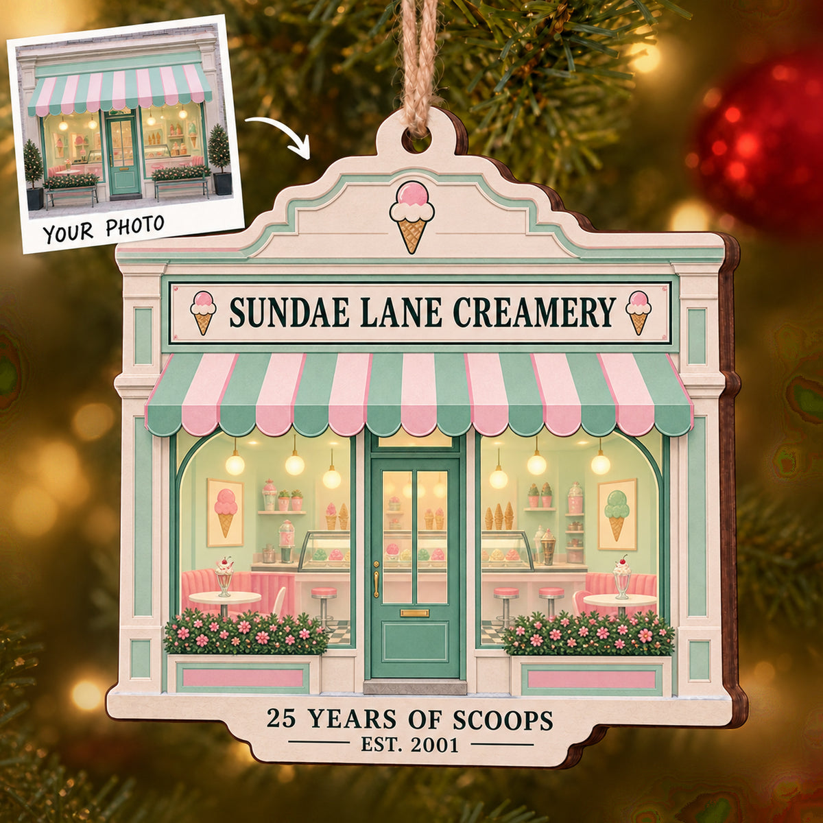 Personalized Ice Cream Shop Anniversary Storefront Wood Ornament - Custom Keepsake - image 1