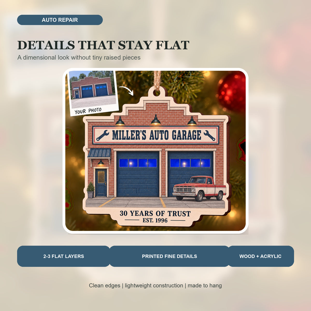 Personalized Auto Repair Anniversary Storefront Wood Ornament - Custom Keepsake - image 3