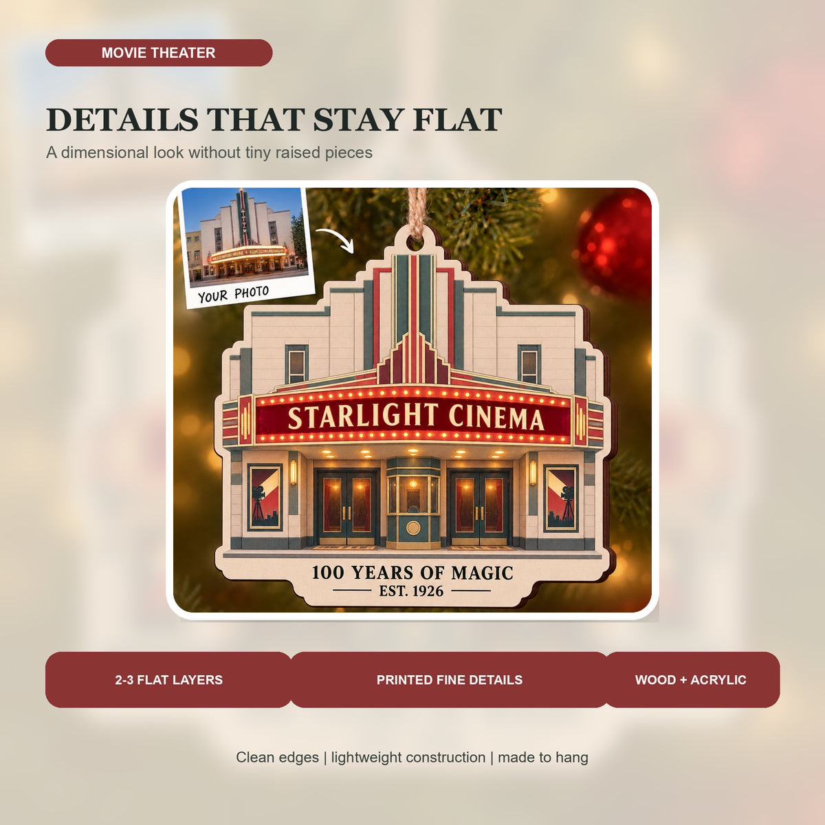 Personalized Movie Theater Anniversary Storefront Wood Ornament - Custom Keepsake - image 3