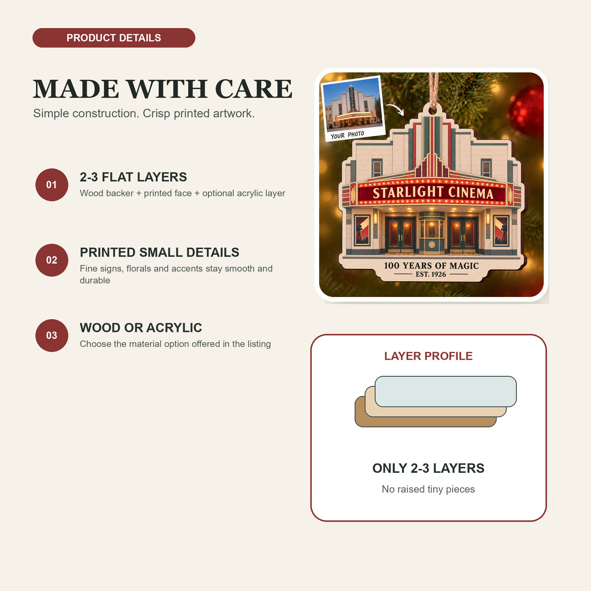 Personalized Movie Theater Anniversary Storefront Wood Ornament - Custom Keepsake - image 4